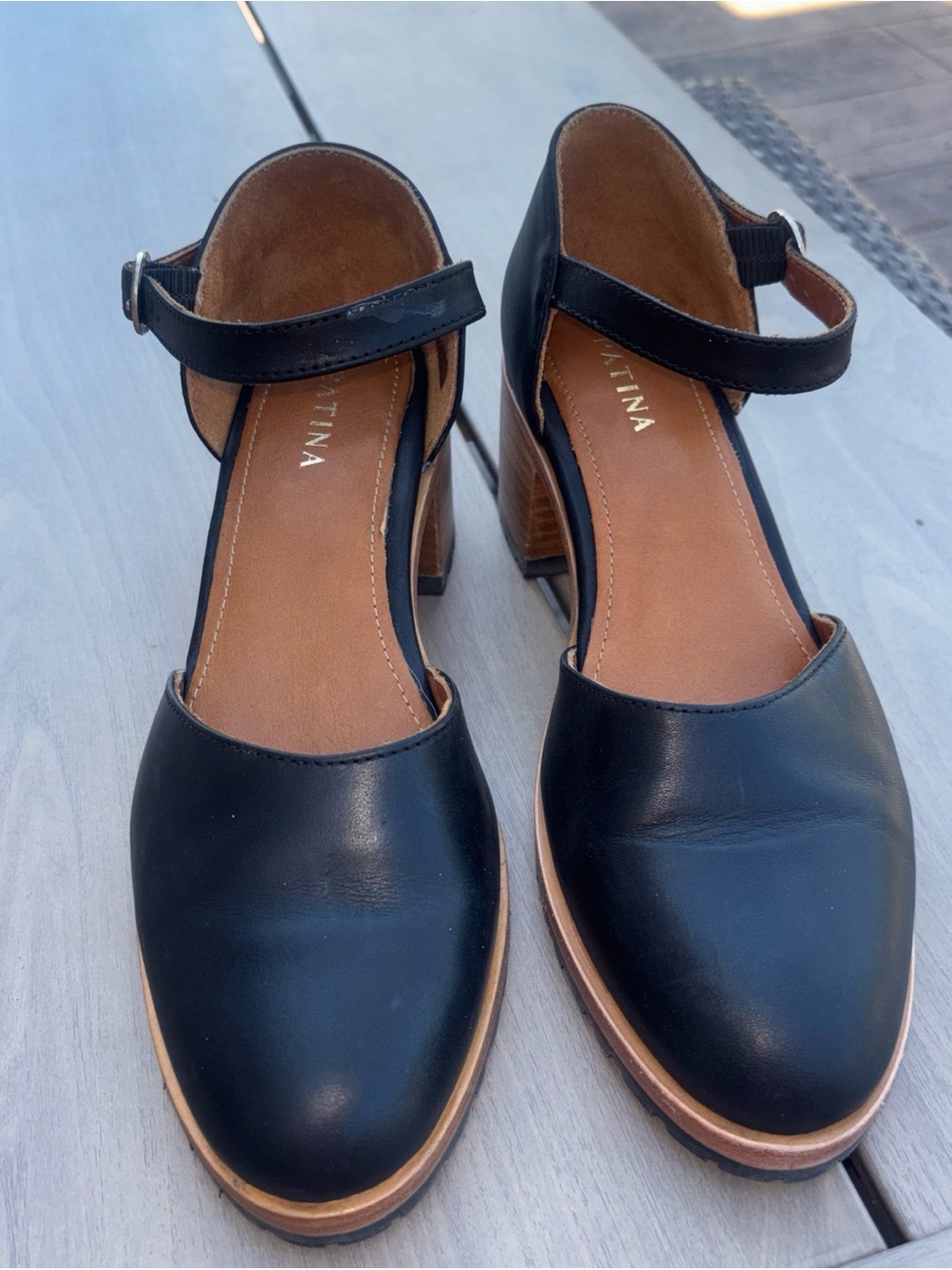 Patina Black Leather Ankle-Strap Block Heel Sandals